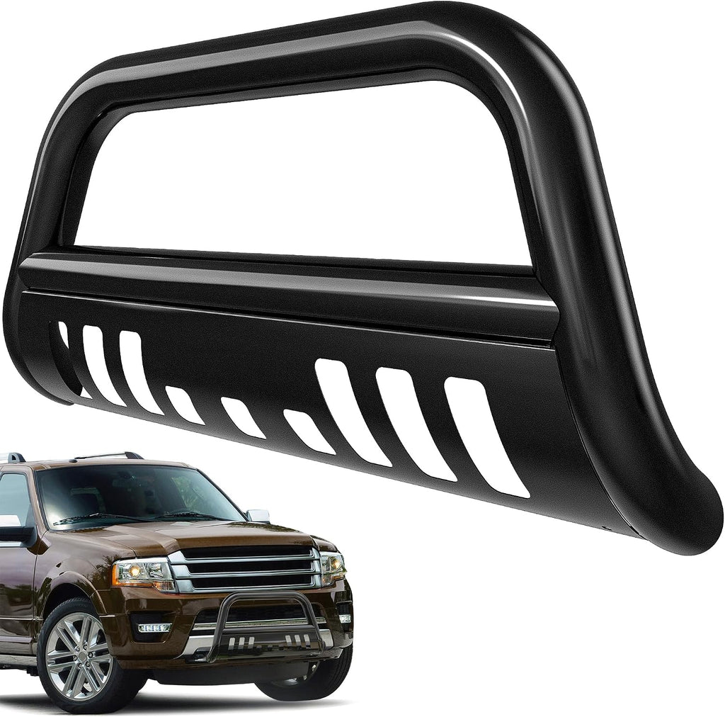 AUTOSAVER88 Bull Bar Compatible for 2004-2024 Ford F150 F-150, Front Bumper Grill Black Heavy Duty 3" Tube Brush Push, Grille Guard with Skid Plate