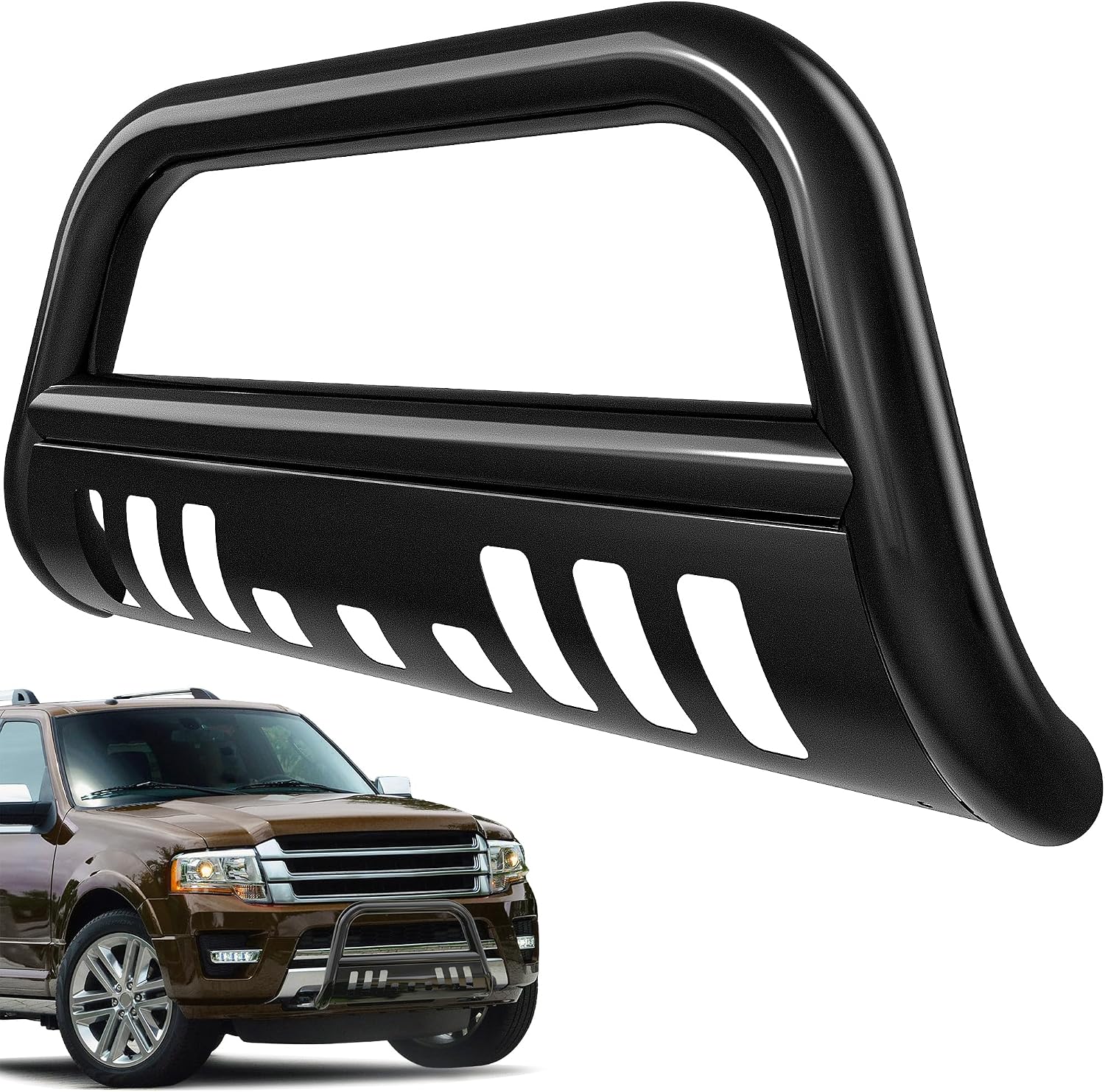 AUTOSAVER88 Bull Bar Compatible for 2004-2024 Ford F150 F-150, Front Bumper Grill Black Heavy Duty 3" Tube Brush Push, Grille Guard with Skid Plate