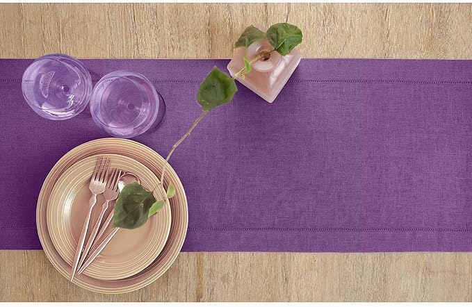 Solino Home Linen Purple Table Runner 48 Inches - Classic Hemstitch, 100% Pur...