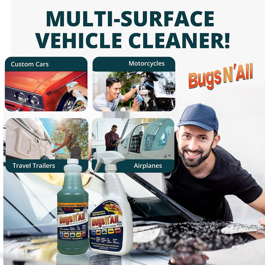 Bugs N' All Multi Surface Cleaner Spray Concentrate 32 oz. w/Empty Cleaning Spray Bottle 32 oz. & Bug Sponge for Car Washing - Mutli-Vehicle Cleaning - Bug & Tar Remover for all Vehicles