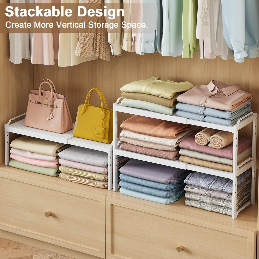 cottage charm expandable stackable closet shelf organizer, adjustable, package contents