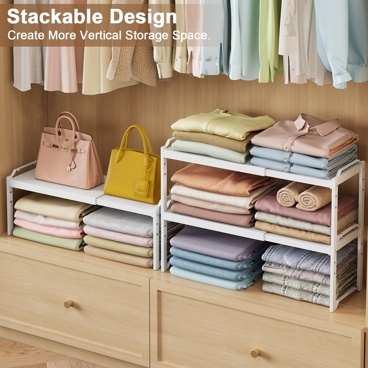 cottage charm expandable stackable closet shelf organizer, adjustable, package contents