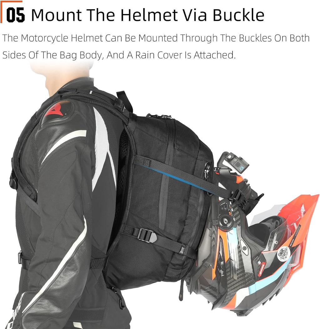 Rhinowalk Motorcycle Backpack – Helmet Holder, Rain Cover, Hydration Bladder Hole – Sports Backpack for Hiking, Climbing, Cycling, Running, Camping