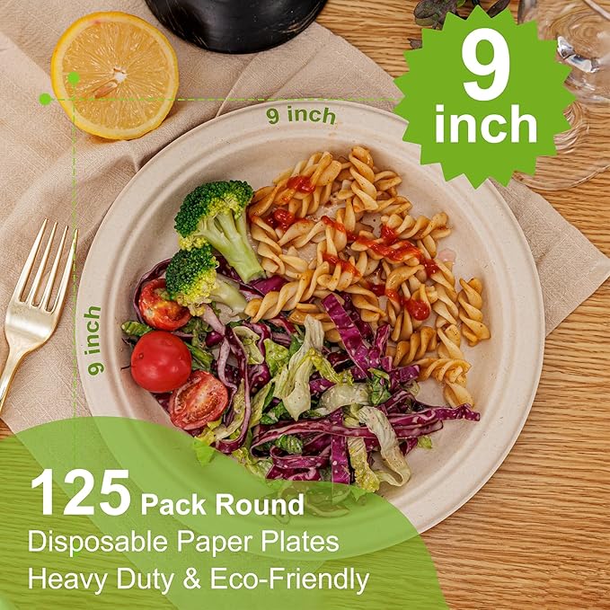 WELLIFE 100% Compostable Paper Plates 9 Inch, Biodegradable Bagasse, - Image 2