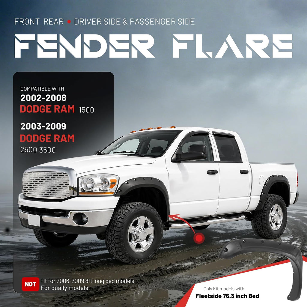 ALMULOO 4Pcs Fender Flares Compatible with 2002-2009 Dodge Ram 1500 2500 3500 (Not Fit 06-09 8ft Bed Models) w/Fleetside 76.3 inch Bed Pocket Riveted Style Wheel Arch Covers Plastic Textured Black