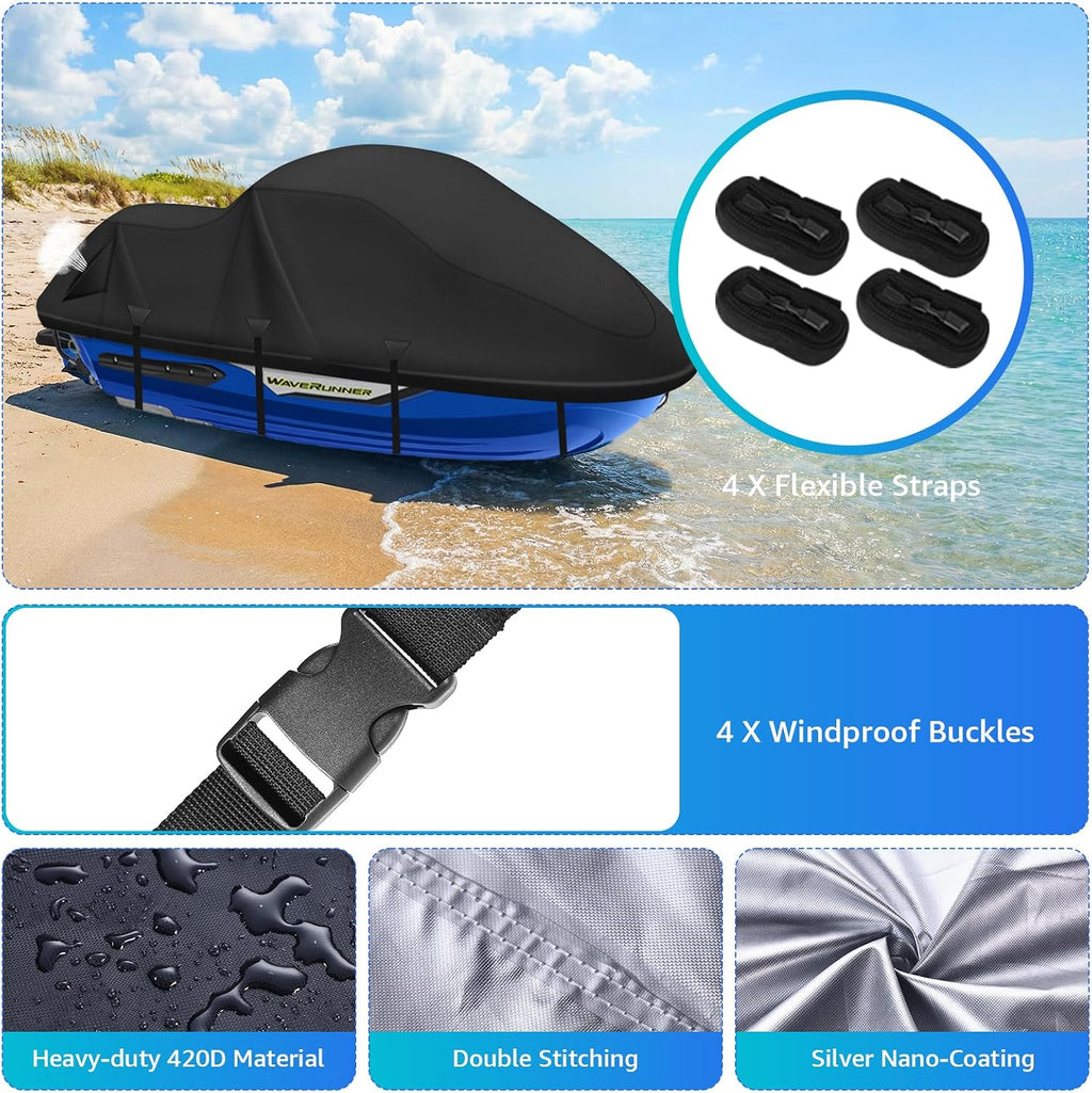 Jet Ski Cover,420D Waterproof Jetski Covers with 2 Vents & 4 Windproof Buckles UV Protection Universal Waverunner Cover Fits Yamaha Seadoo from 116" to 125"(Black)