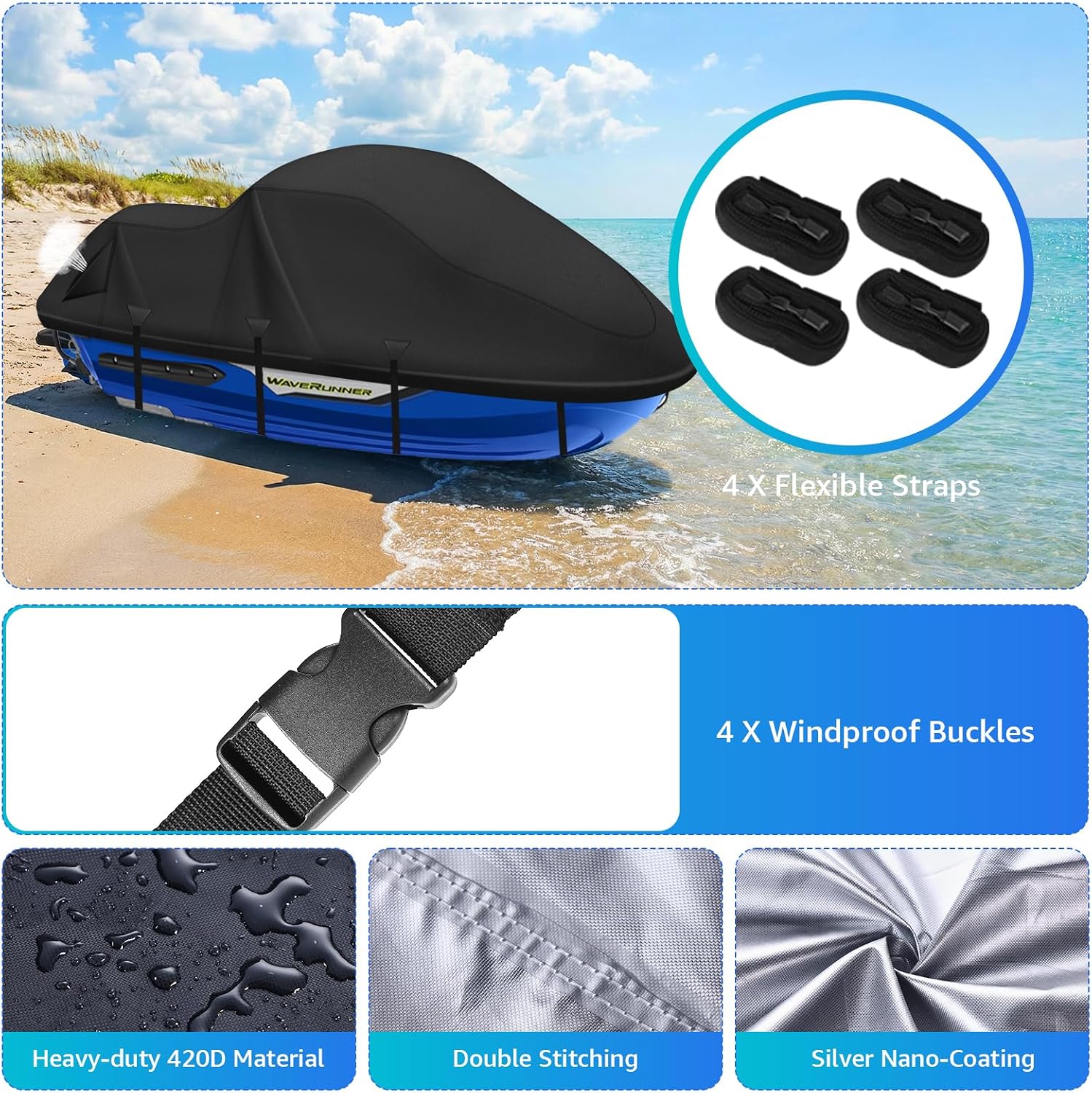 Jet Ski Cover,420D Waterproof Jetski Covers with 2 Vents & 4 Windproof Buckles UV Protection Universal Waverunner Cover Fits Yamaha Seadoo from 116" to 125"(Black)