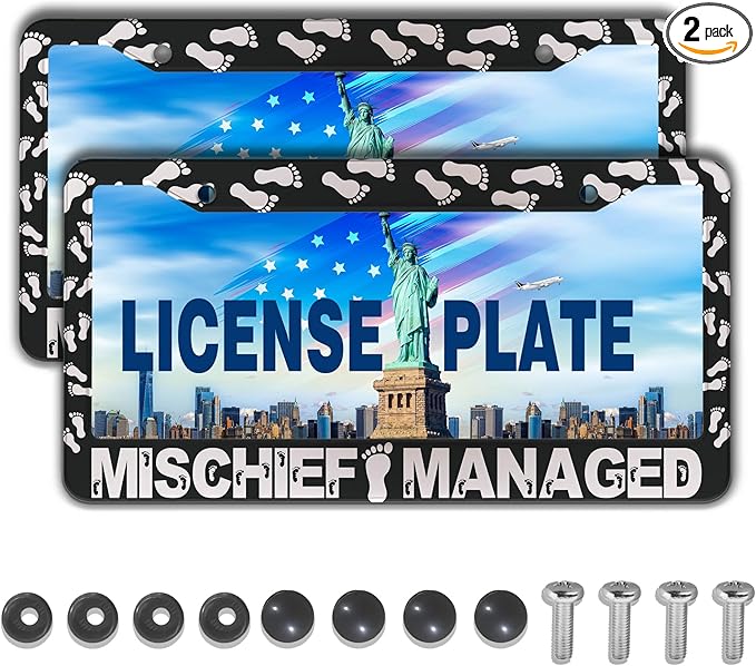 Automotive Exterior Accessories Black and White License Plate Frames Mischief by Unknown