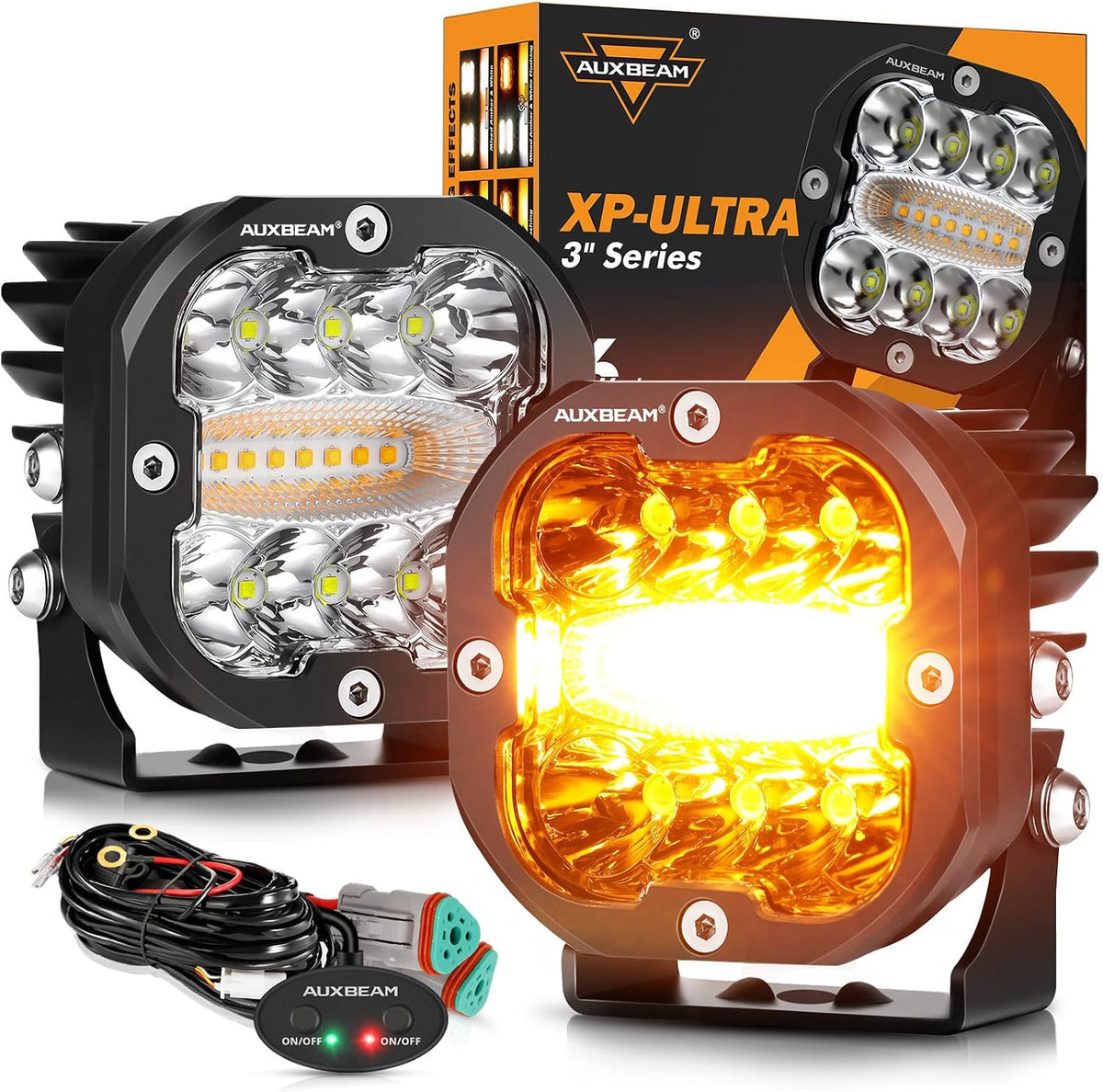 Auxbeam 3 Inch 96W Amber White LED Light Pods XP-Ultra Series 6 Modes Dual