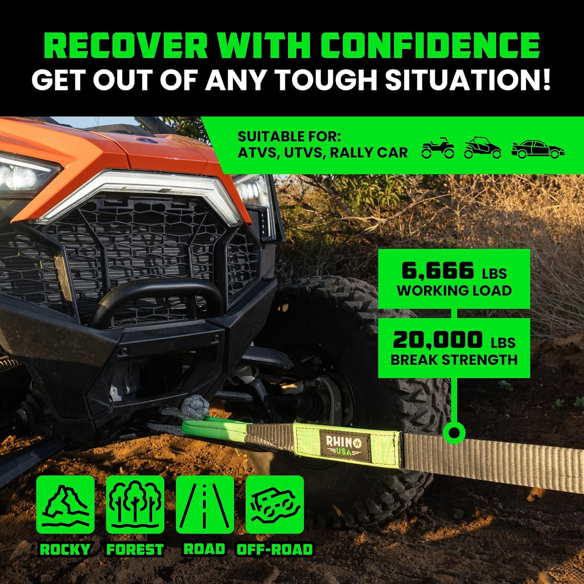 rhino usa offroad recovery tow strap (2in x, side view