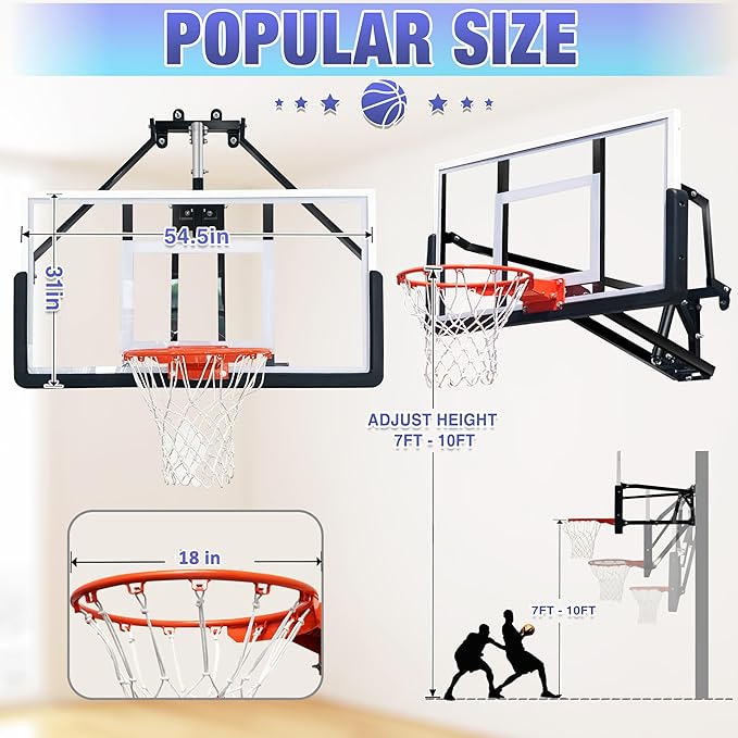 54.5" Wall Mounted Basketball Hoop Adjustable Height Basketball Goal Indoor - Image 3