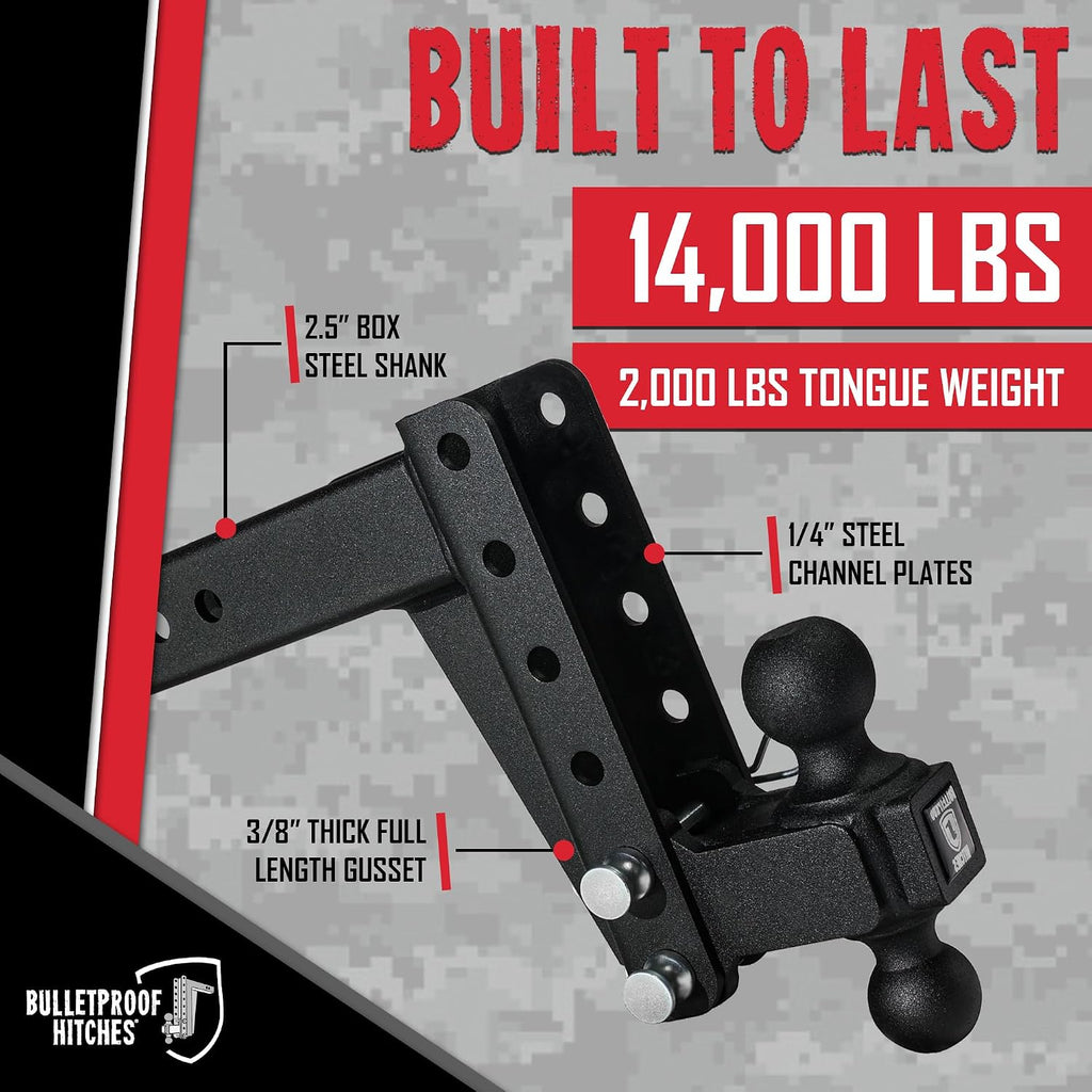 BulletProof Hitches - 2.5" Adjustable Medium Duty Trailer Hitch (14,000 lb. Rating) - 6" Drop/Rise Trailer Hitch with 2" & 2-5/16" Dual Ball - Powder Coat, Box Steel, Corrosion-Resistant