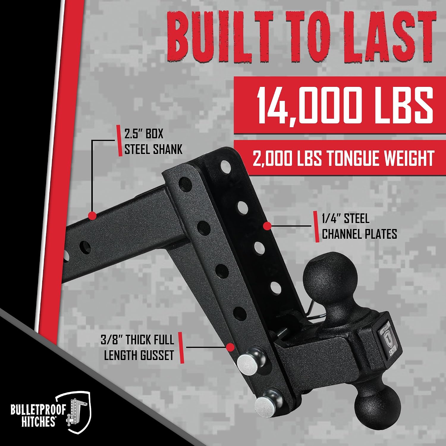 BulletProof Hitches - 2.5" Adjustable Medium Duty Trailer Hitch (14,000 lb. Rating) - 6" Drop/Rise Trailer Hitch with 2" & 2-5/16" Dual Ball - Powder Coat, Box Steel, Corrosion-Resistant