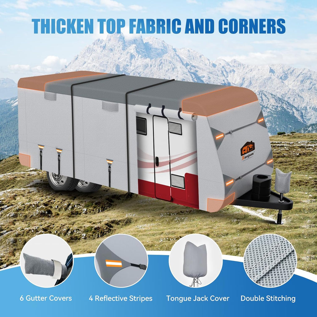 RV Cover for 22-24 ft Travel Trailers, 7 Layers Heavy Duty Camper Cover, Weatherproof & UV Resistant Motorhome Trailer Cover with Gutter & Tongue Jack Covers