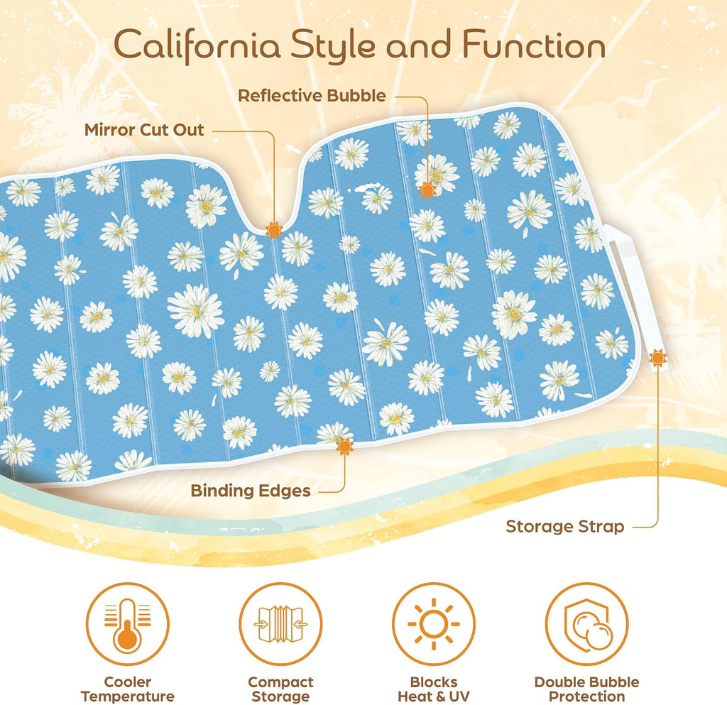 Carbella Blue Daisy Car Windshield Sun Shade - Sun Visor Sunshade for Car Windshield - Window Shades for Cars, SUV & Truck - Dash Cover UV Protection for Front Window Shade Accessories - 57" x 27"