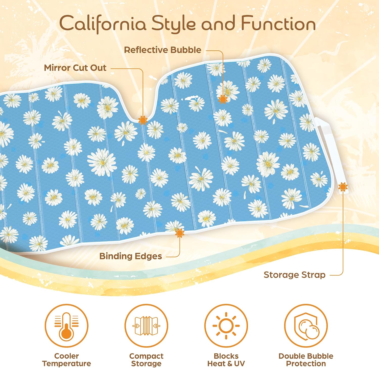 Carbella Blue Daisy Car Windshield Sun Shade - Sun Visor Sunshade for Car Windshield - Window Shades for Cars, SUV & Truck - Dash Cover UV Protection for Front Window Shade Accessories - 57" x 27"