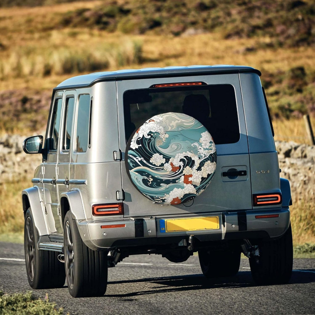 Japanese Wave Floral Pattern Spare Tire Cover 15 inch, Universal Waterproof Dust-Proof Sun Protection Cover with Adjustable Nylon Rope Easy Installation for Jeep Trailer SUV Truck RV