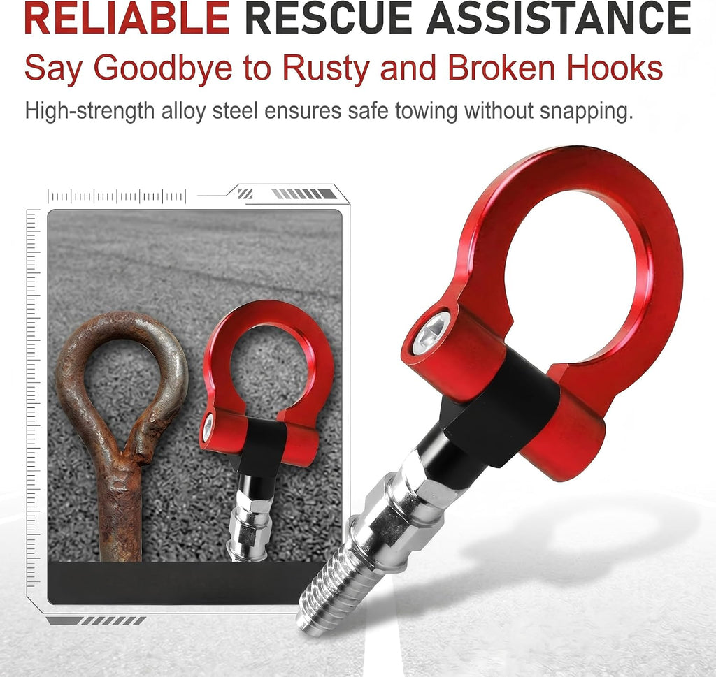 Car Front Bumper Tow Hook, Alloy Racing Style Recovery D-ring, Heavy-duty Rustproof Modification Towing Hook with European Thread, Not Suitable for Japanese Cars Trucks SUVs (Red)