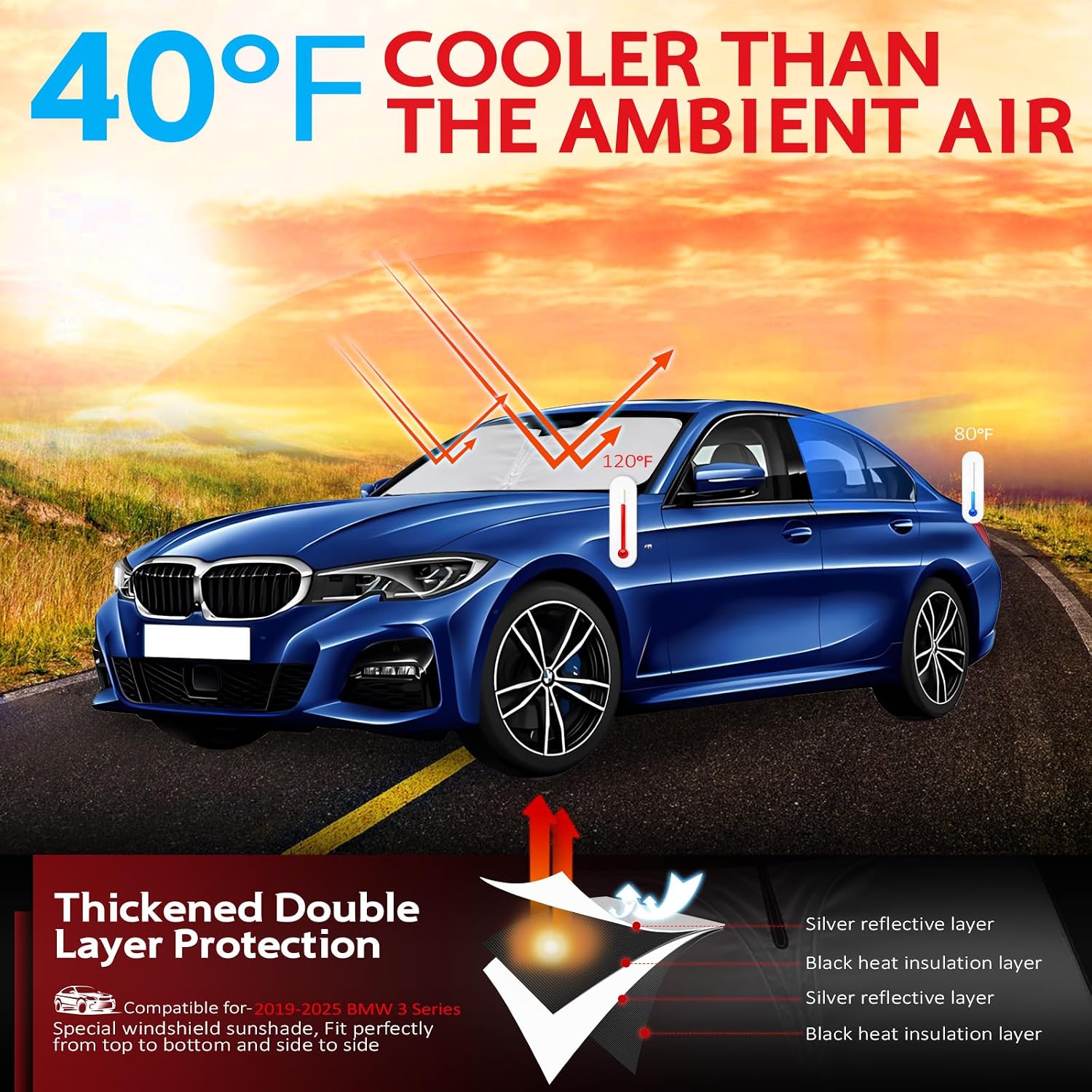 KAYZT Windshield Sun Shade for 2019-2025 2026 BMW 3 Series 330i 328i 320i 325i 335i Foldable Sunshade Front Window Custom Fit Car Accessories