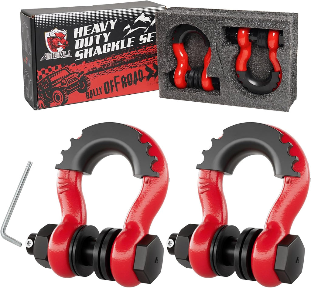 Shackles 3/4" D Ring Shackle (2 Pack) 45,000lb Break Strength with 7/8" Pin, Anti Theft Security Screws, Isolator & Washer Kits for Use with Tow Strap Winch Truck Vehicle Recovery, Red