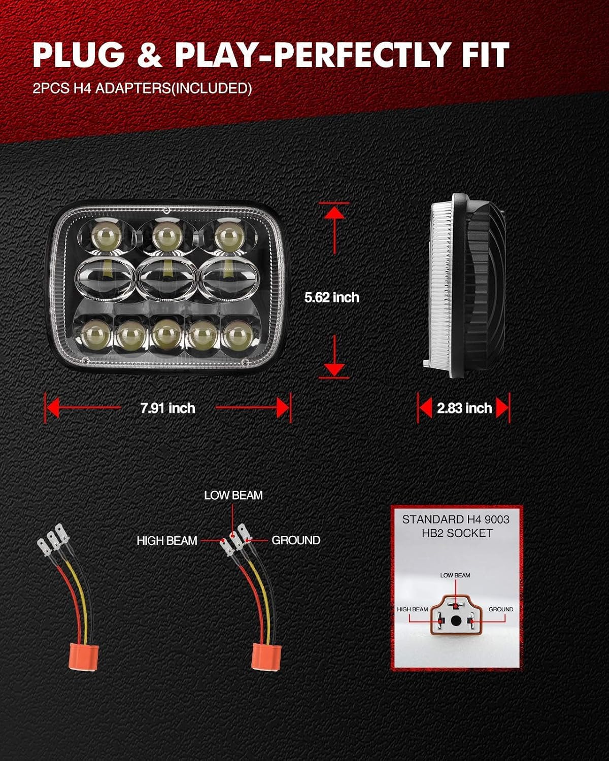 Torchbeam 5x7 Led Headlights 7x6 Headlight Assembly with High Low Beam H6054 6054 Headlamp Replacement for XJ YJ Cherokee Savana Truck with H4 Adapters 300% Brighter