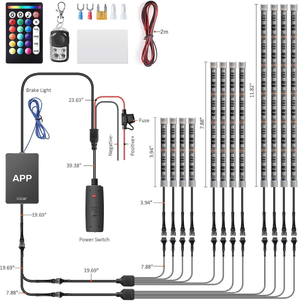 Motorcycle LED Underglow Kit, icicar 12 Pcs APP/RF Control Multicolor Motorcycle LED Light Kit with Brake Turn Signal, IP68 Waterproof & Music Sync Ambient Light for Motorcycles