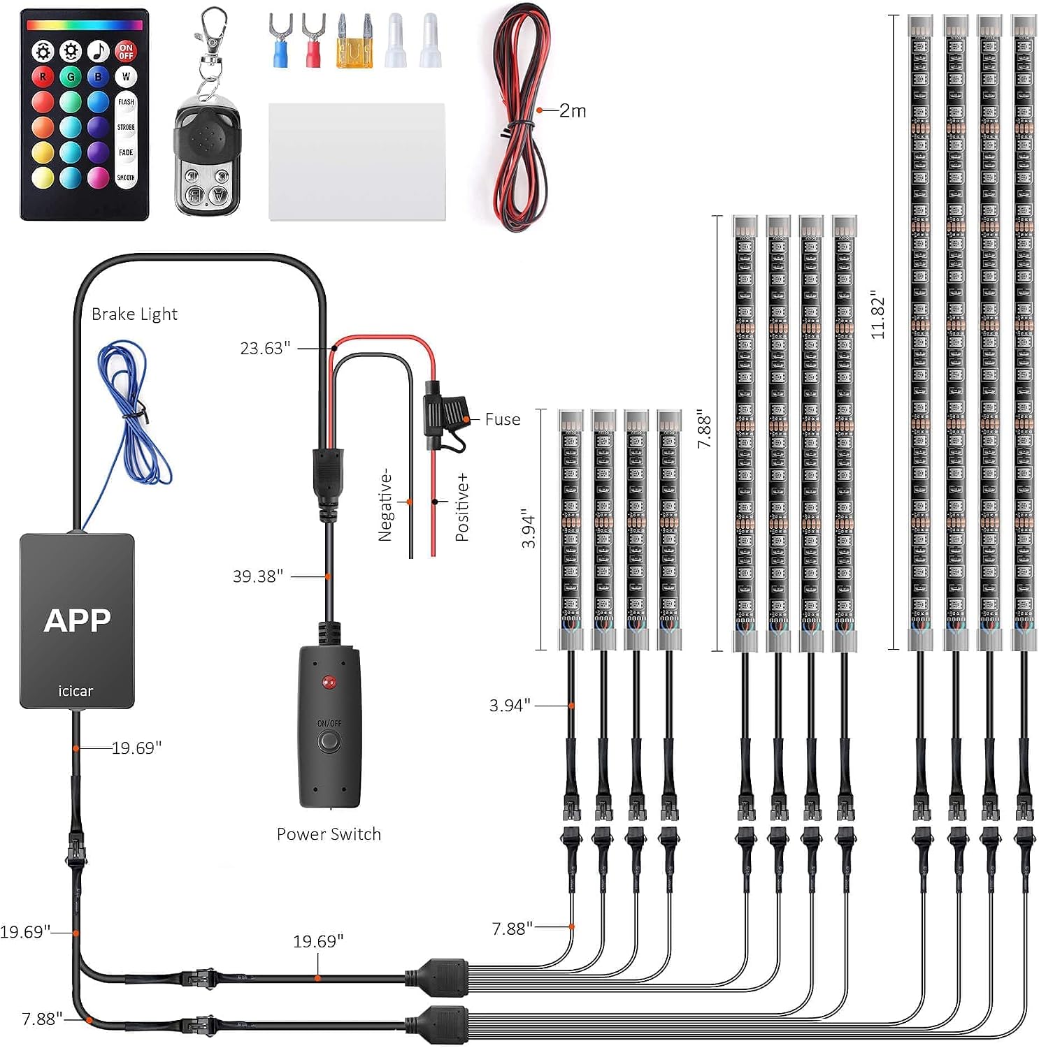 Motorcycle LED Underglow Kit, icicar 12 Pcs APP/RF Control Multicolor Motorcycle LED Light Kit with Brake Turn Signal, IP68 Waterproof & Music Sync Ambient Light for Motorcycles