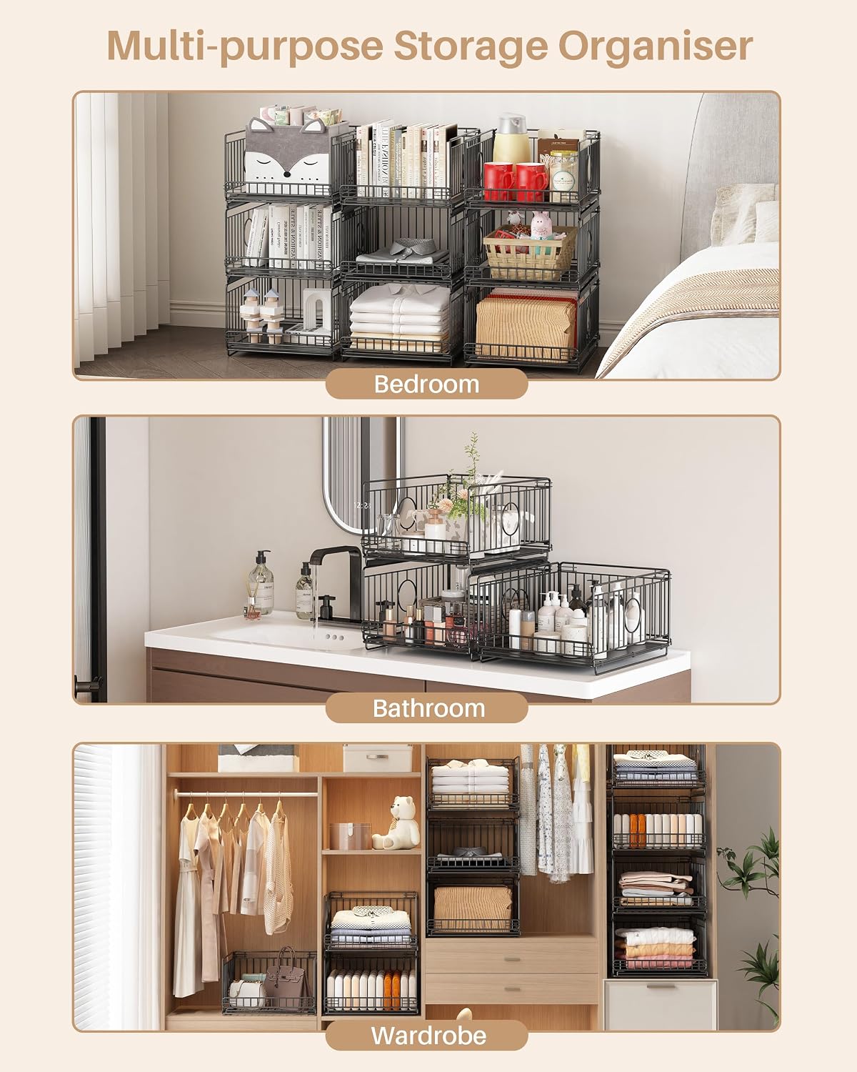 sliding stackable closet organizer storage basket,black, package contents