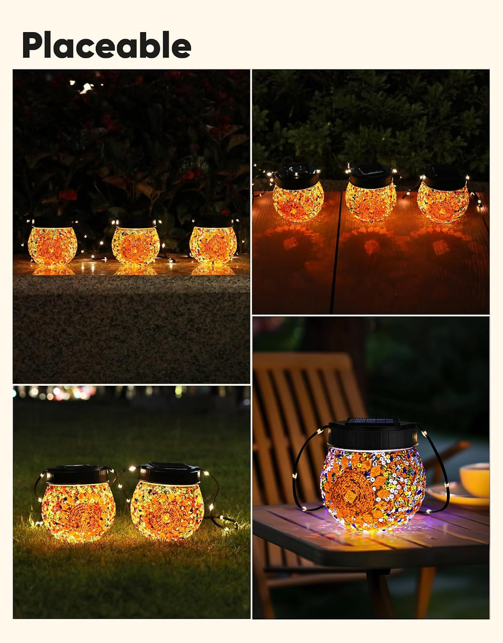 Mosaic Solar Lights Outdoor 6 Pack, Solar Hanging Lanterns Christmas Hallowee...