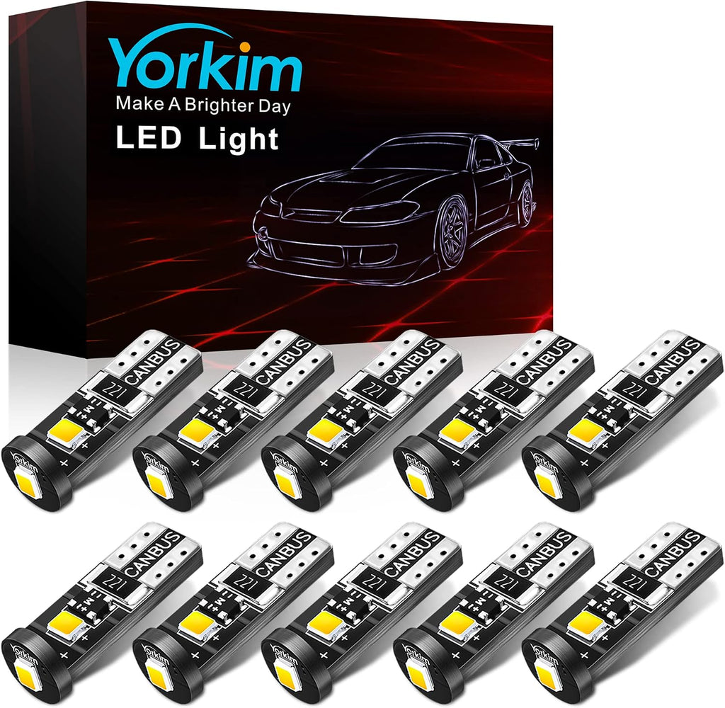 Yorkim 194 Led Bulb Canbus White Error Free 3-SMD 2835 Chipsets, T10 Interior Led For Car Dome Map Door Courtesy License Plate Trunk lights with 194 168 W5W 2825 Sockets Pack of 10