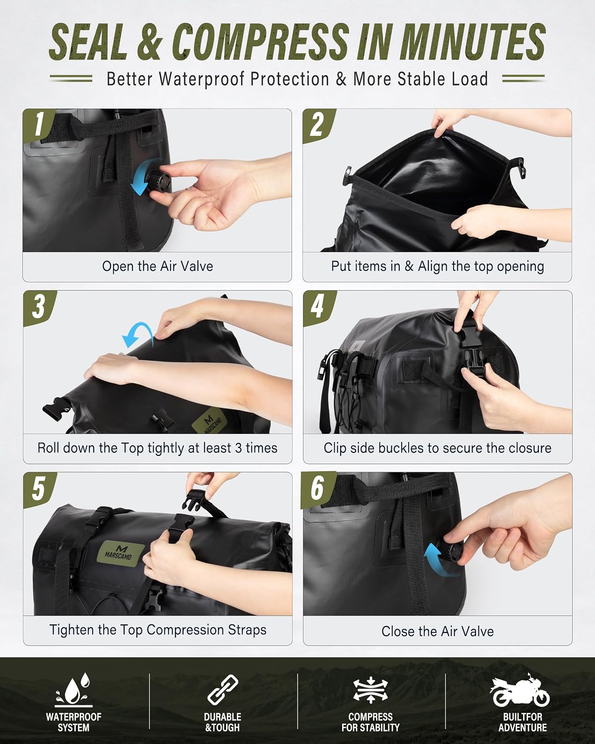 Marscamd Waterproof Motorcycle Dry Bag, Tail Saddle Luggage with 4 Quick-Release Mounting Straps, Roll-Top Closure, Travel Duffel for Motorcycling, Camping, Road trips (Black, 60L)