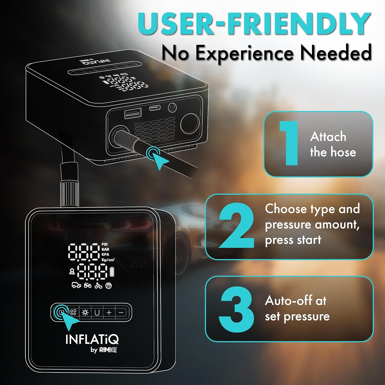 INFLATiQ by RIMiQ Portable Tire Inflator Air Compressor – Twice as Fast QwikFlow Technology with Auto Shut-Off – 11.1V Rechargeable Air Pump with Metal Gears and Premium Carry Case