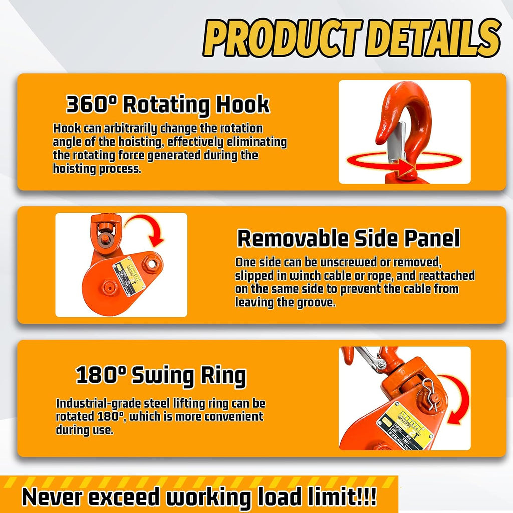 Snatch Block with Hook, Snatch Block 2 Ton WLL, 3" Sheave for 3/8" Wire Rope, Snatch Block Pulley for Rollback Wrecker Car Hauler, Tow Truck Accessories, Winch Accessories, Deep Orange Color