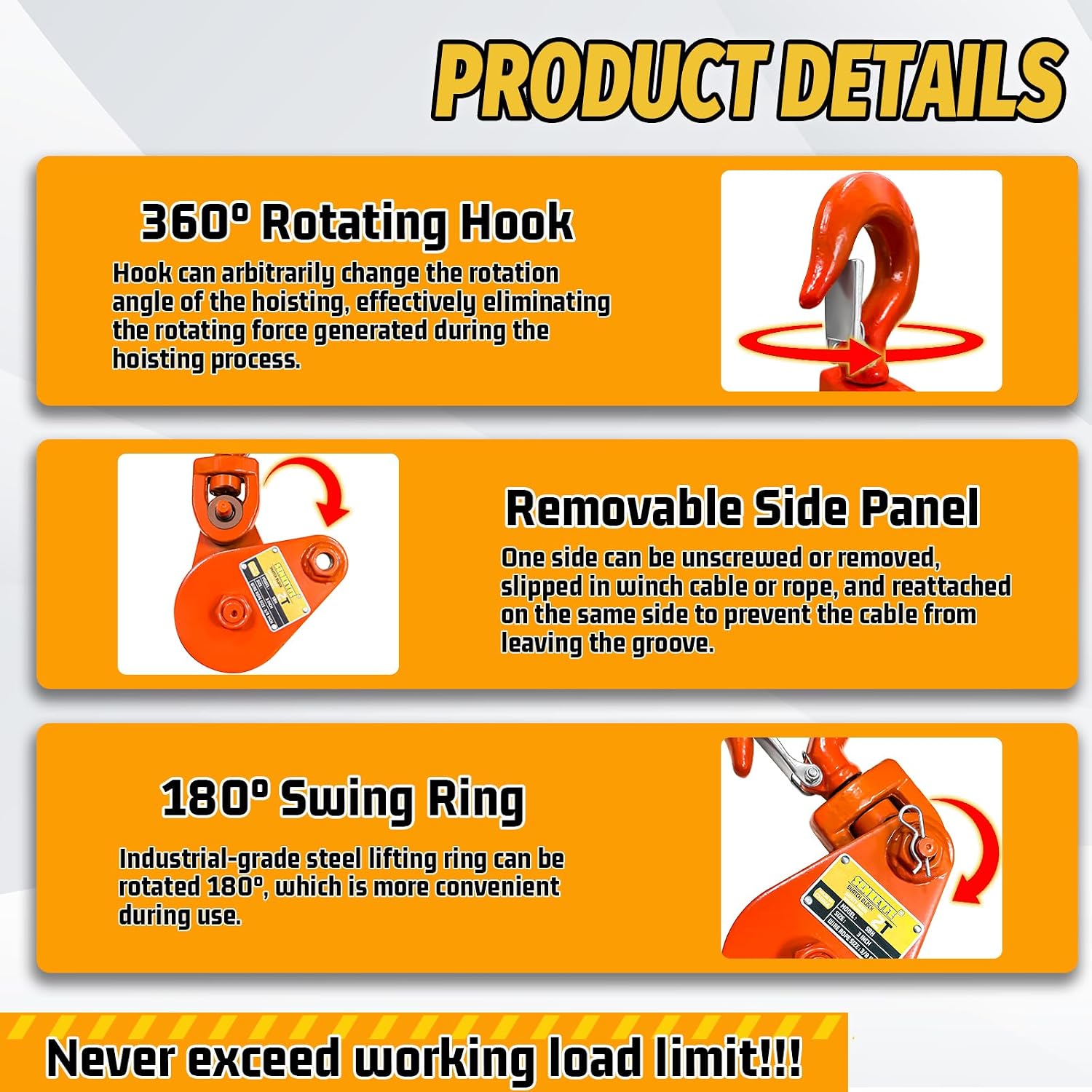 Snatch Block with Hook, Snatch Block 2 Ton WLL, 3" Sheave for 3/8" Wire Rope, Snatch Block Pulley for Rollback Wrecker Car Hauler, Tow Truck Accessories, Winch Accessories, Deep Orange Color