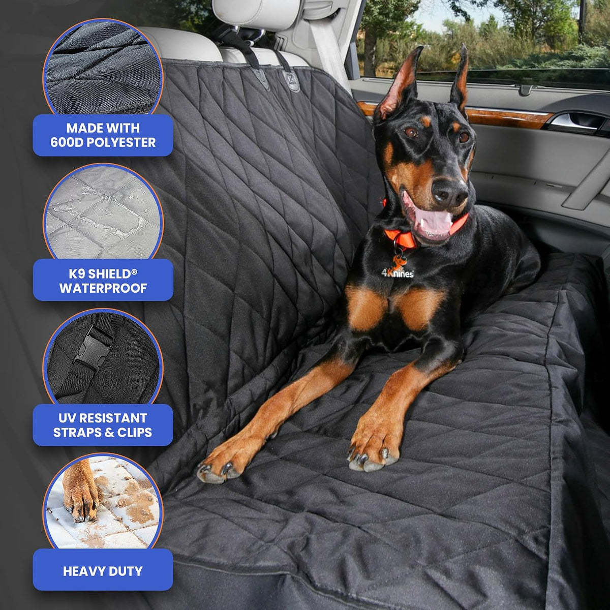 4knines heavy-duty rear seat cover for dogs, black showing dimensions