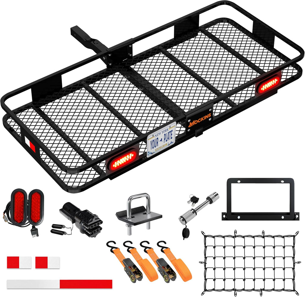 Mockins Trailer Hitch Cargo Carrier w/License Plate Holder & Rear Lights | 60"x20"x6" Heavy Duty 500 Lbs. Capacity Cargo Carrier Hitch Mount Basket | Folding Luggage Rack for SUV Car Truck & RV