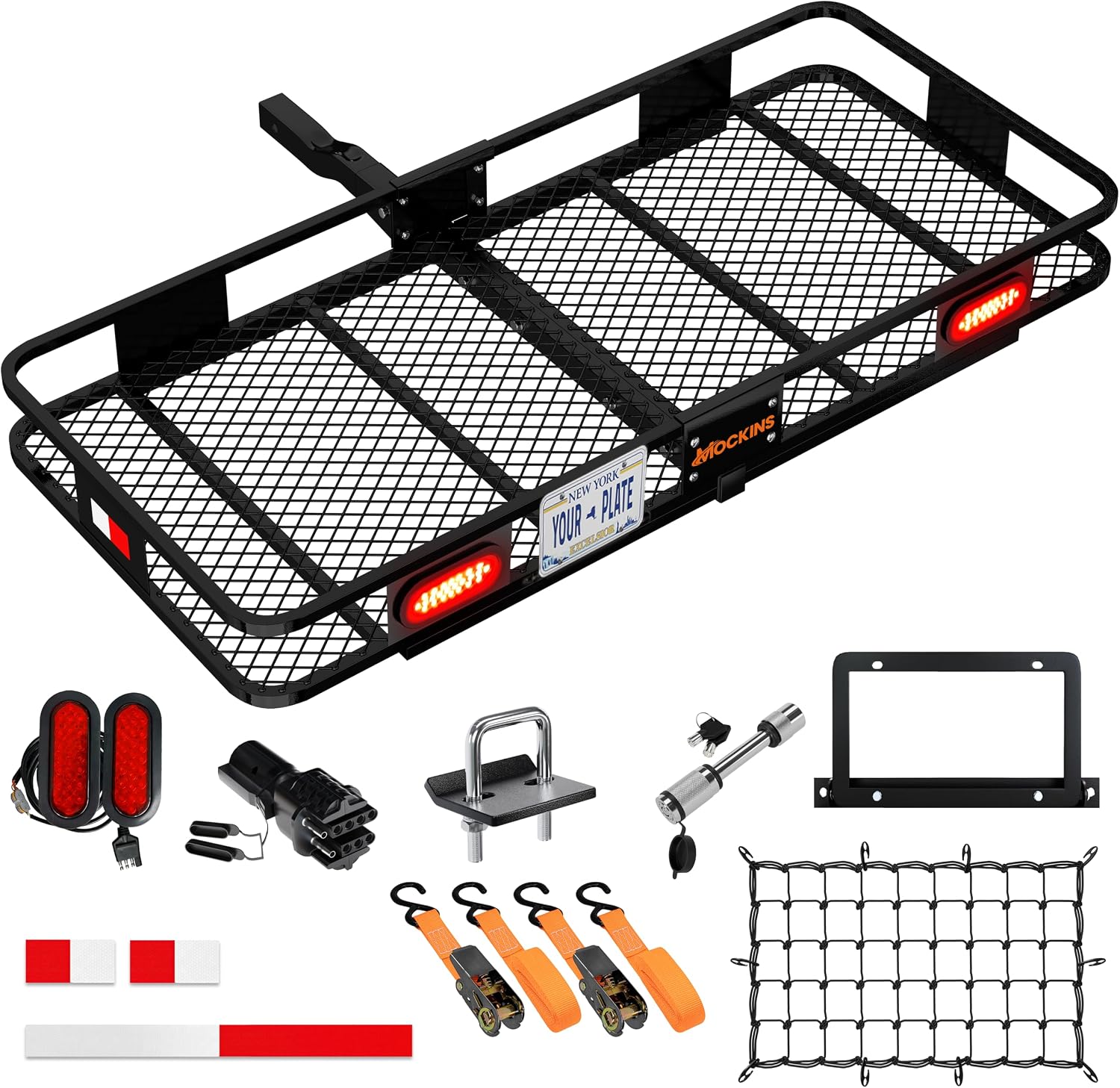Mockins Trailer Hitch Cargo Carrier w/License Plate Holder & Rear Lights | 60"x20"x6" Heavy Duty 500 Lbs. Capacity Cargo Carrier Hitch Mount Basket | Folding Luggage Rack for SUV Car Truck & RV
