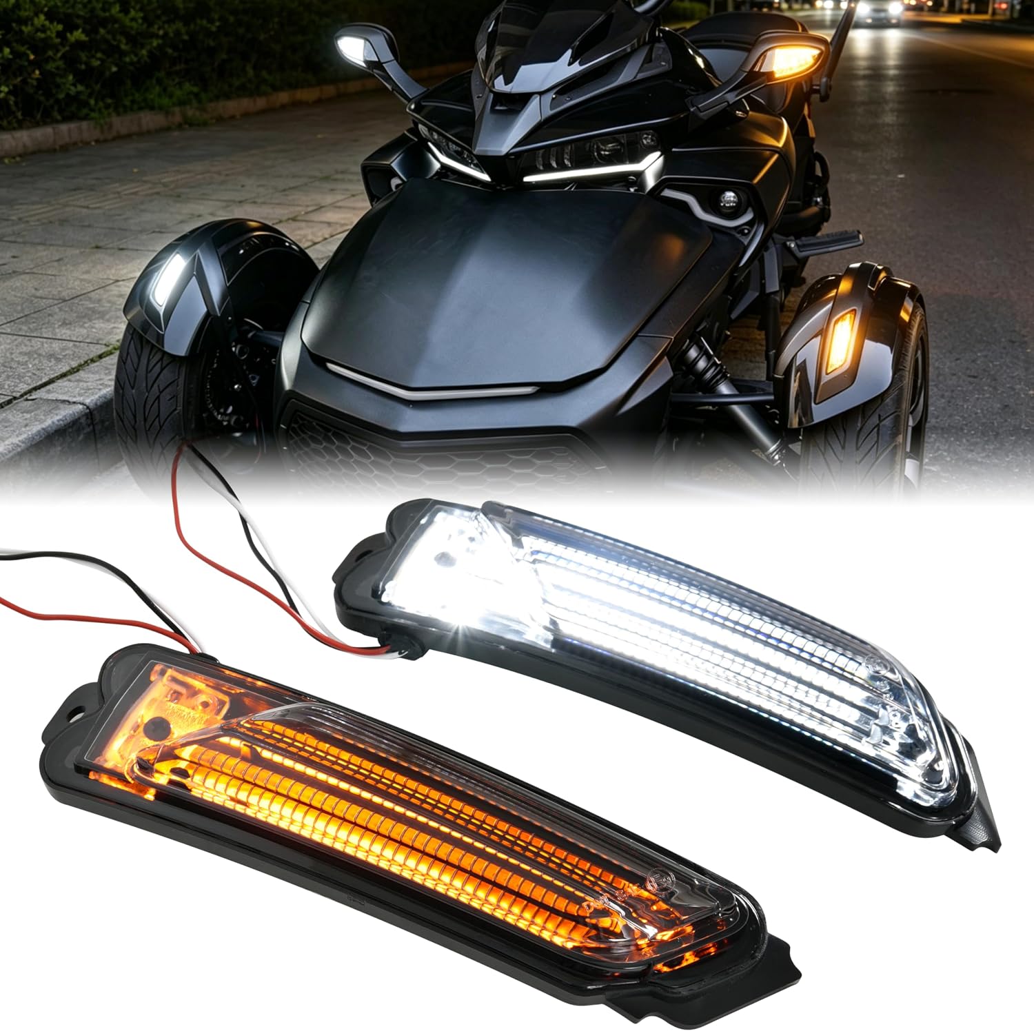 SAUTVS LED Front Fender Lights for Spyder, Smoked Black Fender Reflectors Wheel Lights with Turn Signals for Can-Am Spyder F3 F3-S F3-T RT RT-S LIMITED 2013-2018 Accessories (2PCS)