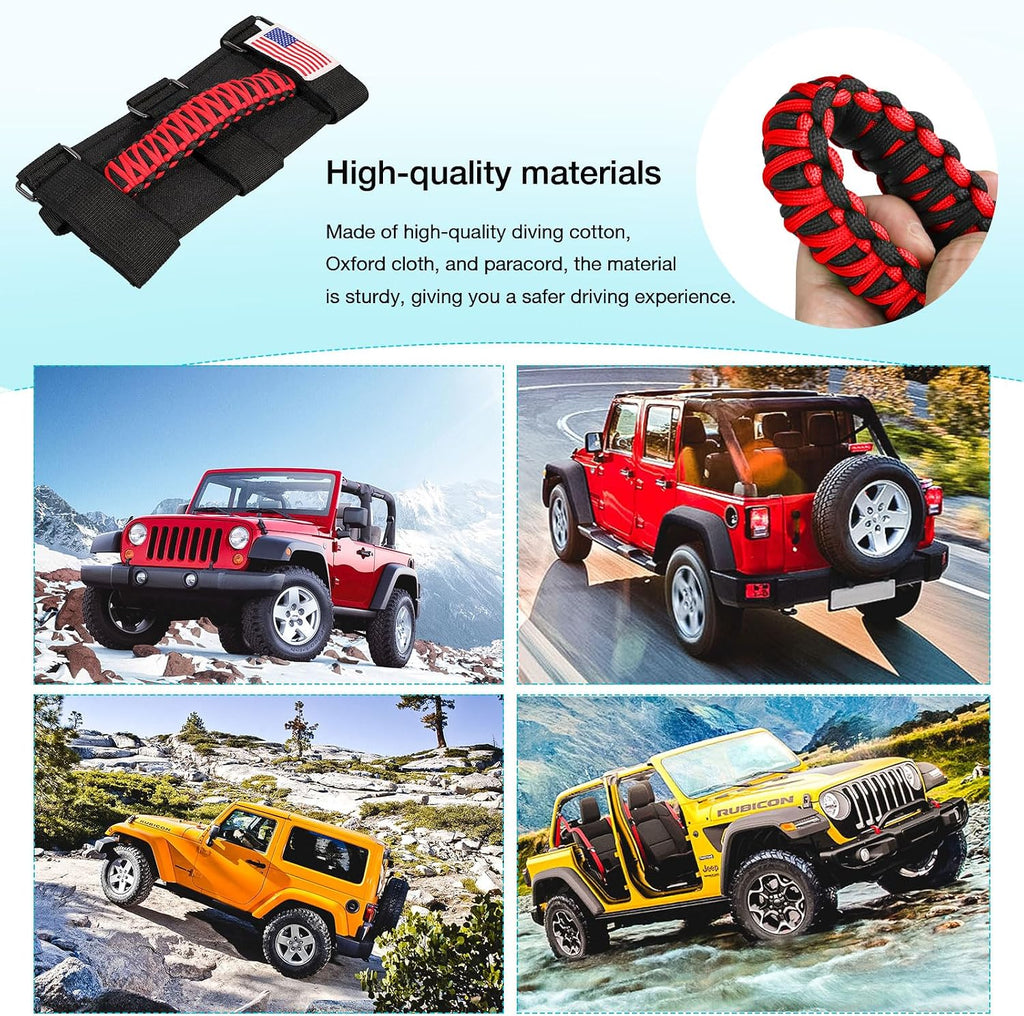 GAIZON 4 Pack Grab Handles Paracord Roll Bar for Jeep Wrangler Accessories CJ YJ TJ JL JK LJ JLU JKU Sahara Freedom Rubicon,Gladiator JT 1955-2023 Interior Accessories with America Flag(Red)