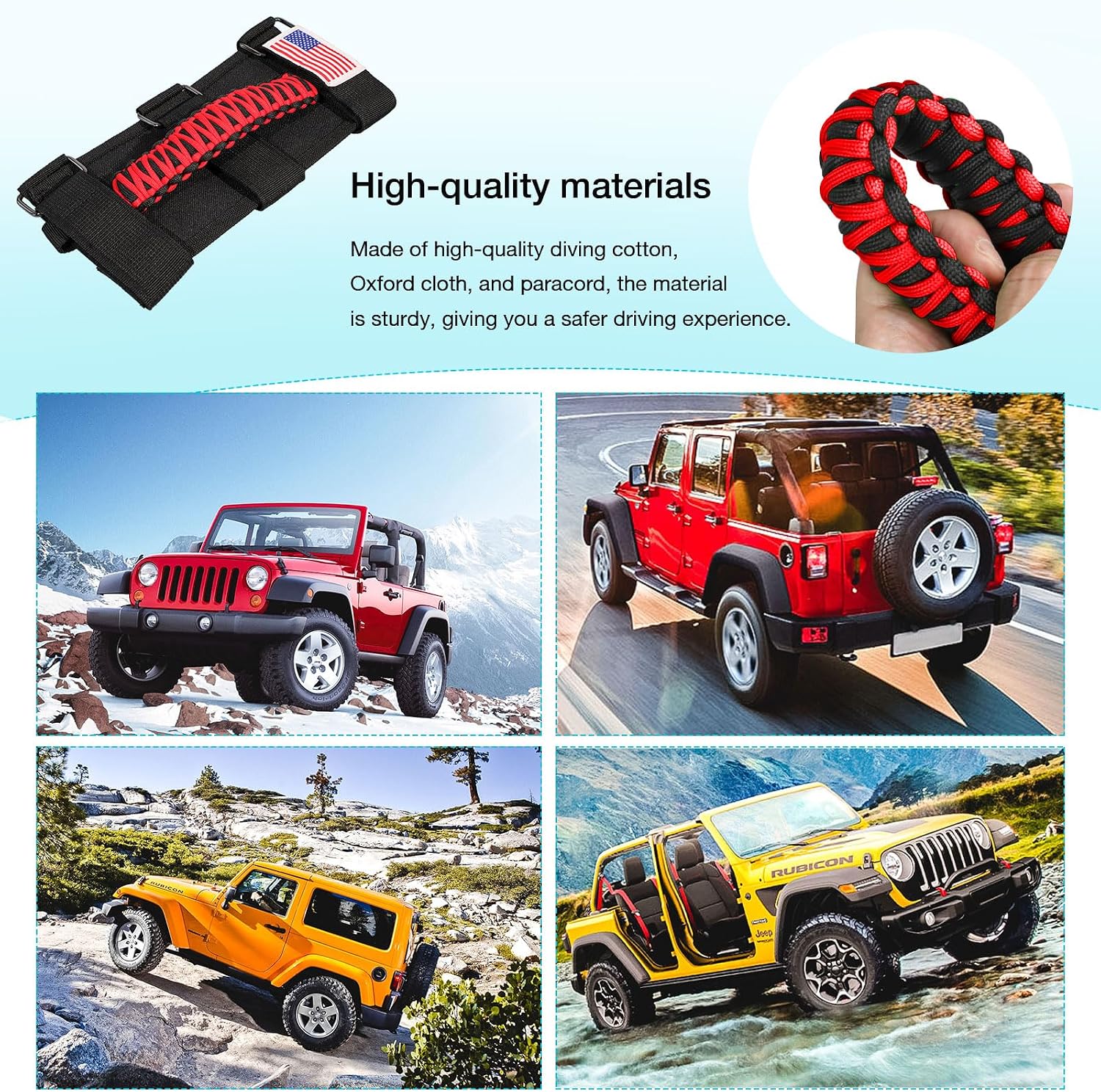 GAIZON 4 Pack Grab Handles Paracord Roll Bar for Jeep Wrangler Accessories CJ YJ TJ JL JK LJ JLU JKU Sahara Freedom Rubicon,Gladiator JT 1955-2023 Interior Accessories with America Flag(Red)