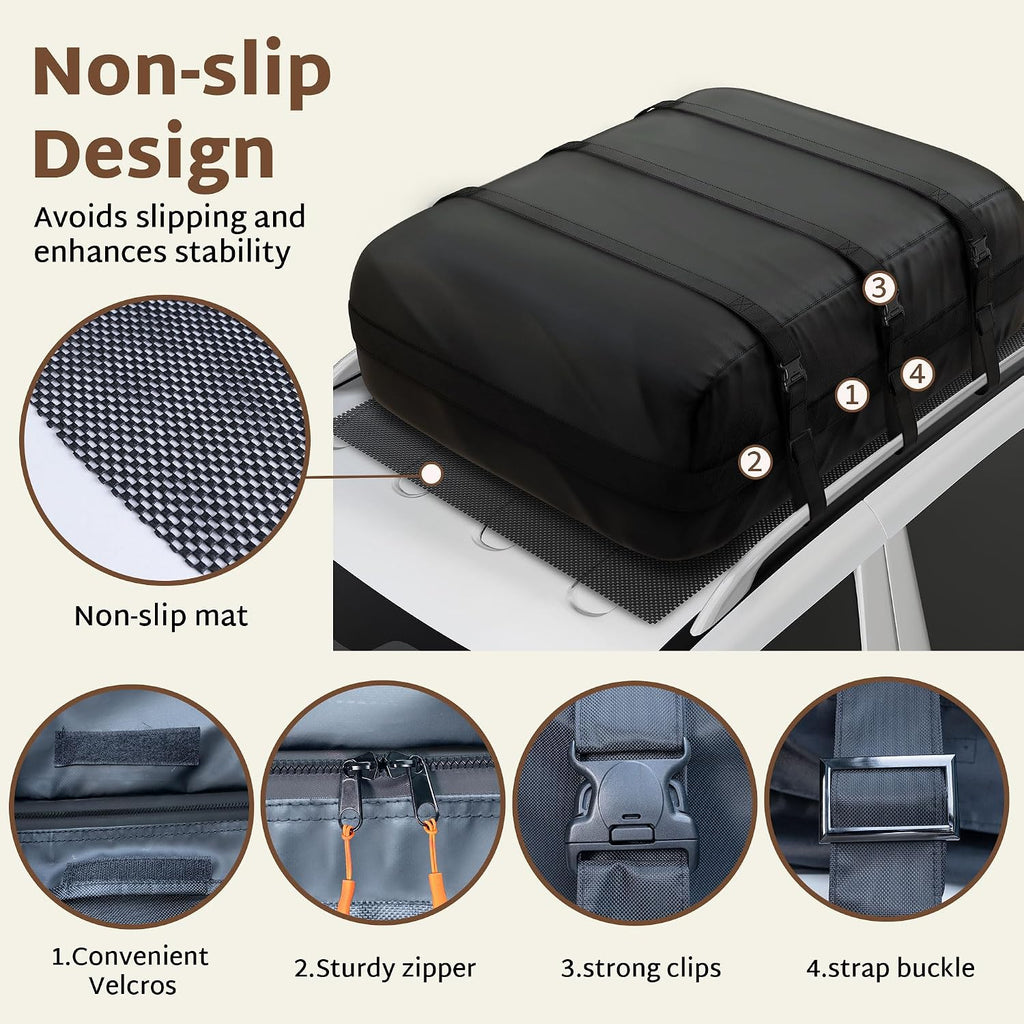 iBirdie Roof Rack Cargo Carrier 15.3 Cubic Feet, Soft-Shell Rooftop Cargo Box, Waterproof Heavy Duty 1200D for Car with/Without Roof Rack, Includes Anti-Slip Mat, Door Hooks, 46x34x17 inches