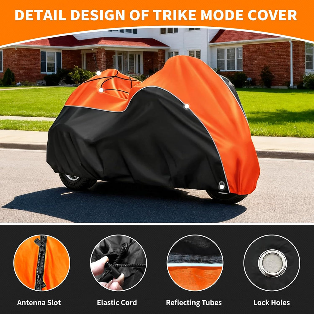 COVERVIN Trike Cover, Waterproof 3 Wheel Motorcycle Cover for Harley Honda Goldwing Freewheeler Tri Glide Ultra, with Antenna Opening, Windproof Buckles & Reflective Strips (Black&Orange)