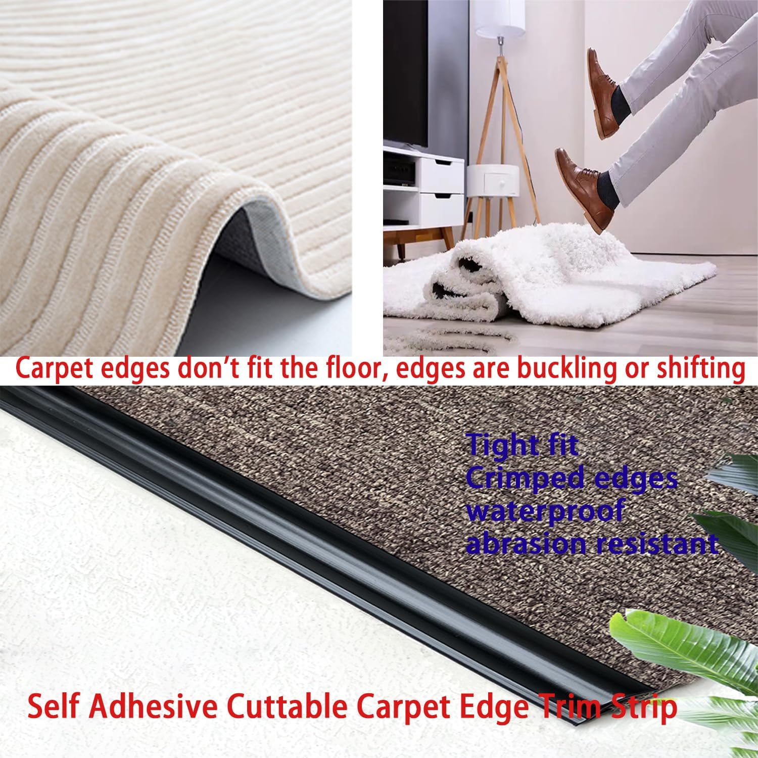 20Ft Flexible Carpet Edge Trim, Flexible Rug Edge Protector for Doorway, Peel & Stick Floor Transition Strip，Self-Adhesive Waterproof Cuttable Safety Edging for Thick Rugs &Mats（Black）