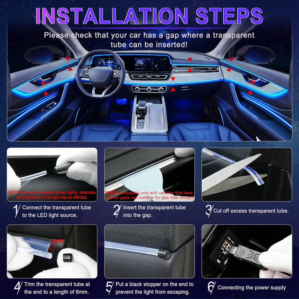 LivTee Smart LED Car Lights Interior with USB Port, LED Strip Fiber Optic Ambient Lighting Car, Wireless App Control, Sync to Music, Car Decorations Interior Accessories Gifts for Women Men, 6 in 1