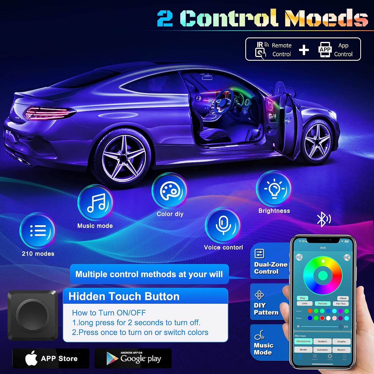 Dreamcolor Acrylic Interior Car LED Strip Light with Wireless APP, RGB 6 in 1 with 175 inches 612 LEDs Fiber Optic Car Symphony Ambient Lighting Kits, Sound Active Function LED Strip for Cars