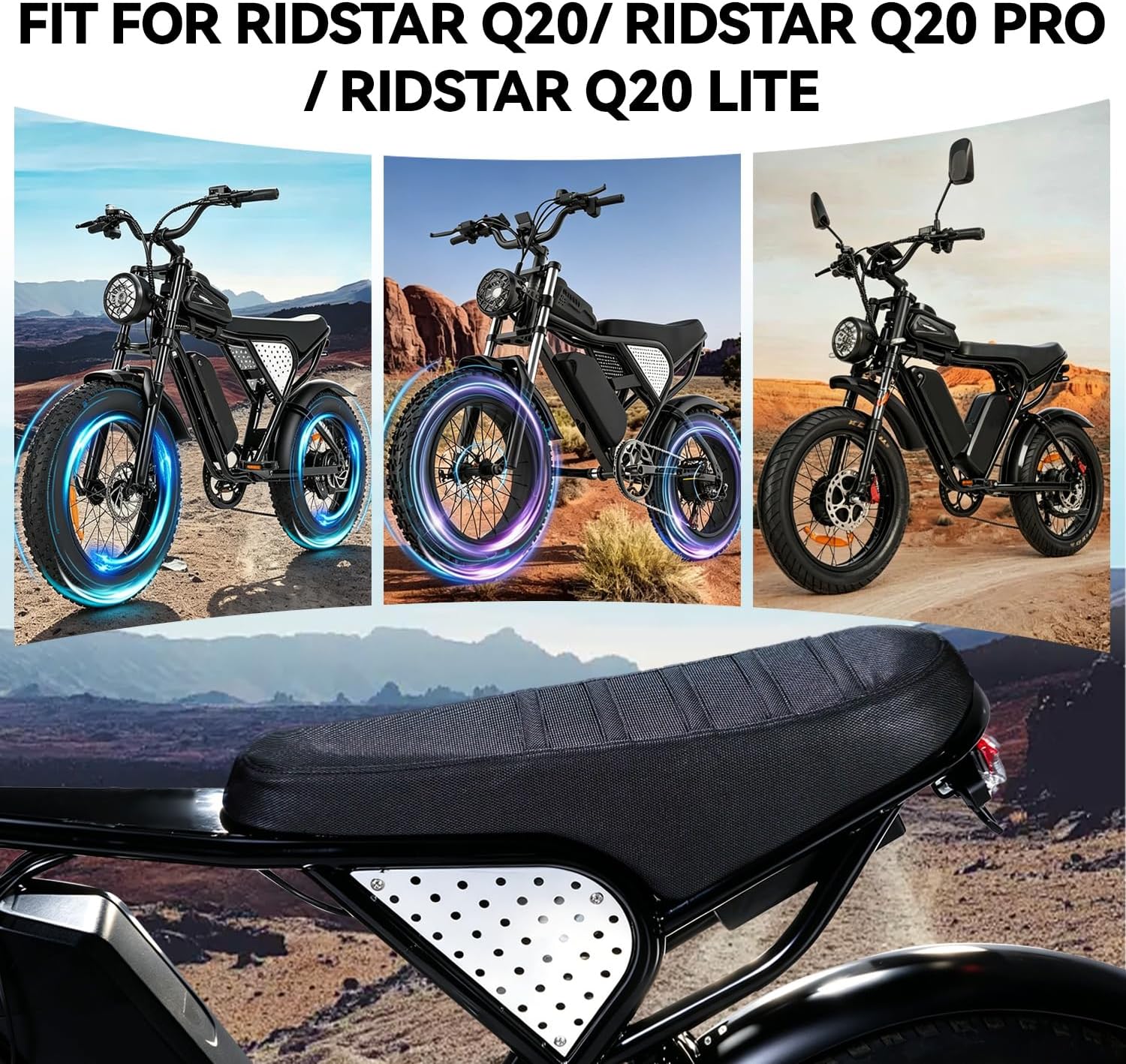 CHANGCHENG Ribbed Gripper Seat Cover for Ridstar Q20 YVY K20/Q20 E-Bike,Dirt Bike Style Non-Slip Waterproof PVC Leather Saddle Sleeve,Custom Fit Ebike Accessories for Q20 Pro/Plus YVY K20/Q20 -Black