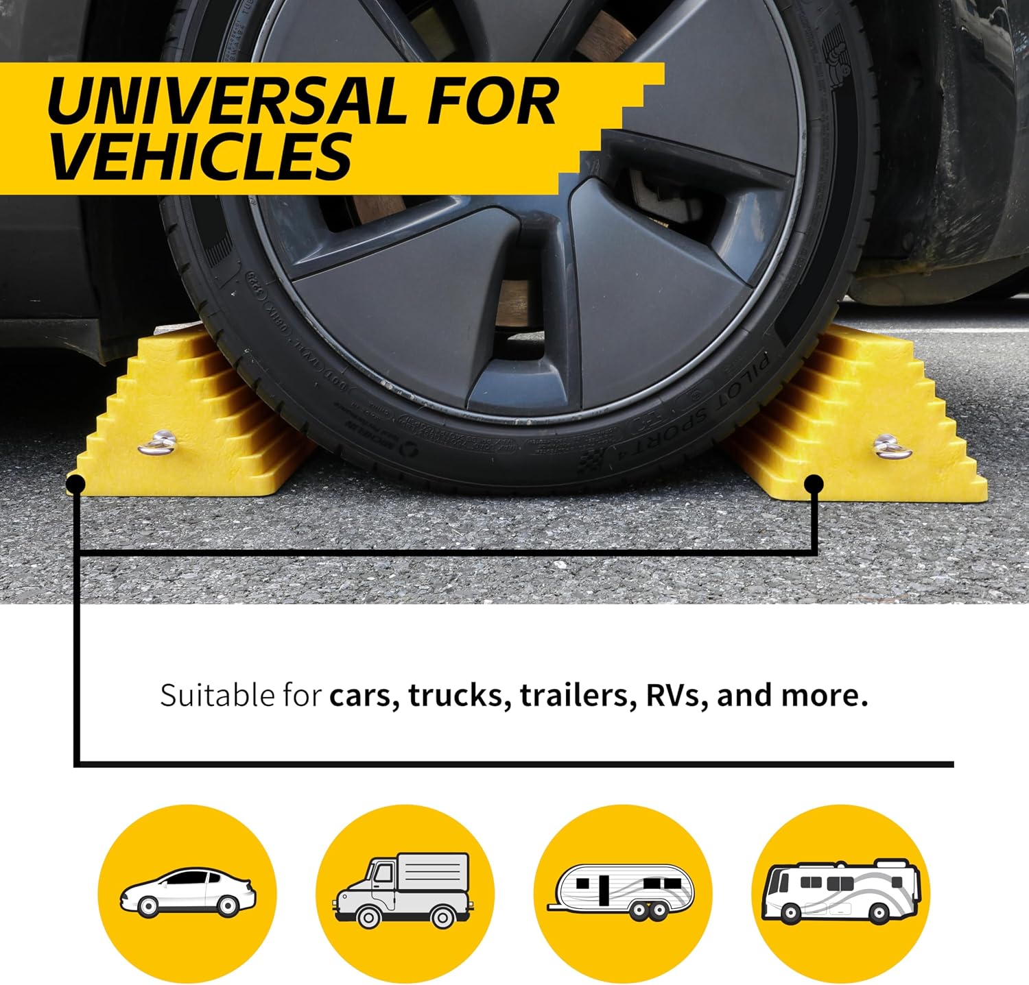 MaxxHaul 51169 Polyfoam Wheel Chocks with Steel Eyebolt – 2-Pack – 10″ × 8″ × 6″ Heavy-Duty Structural Foam – Bright Yellow – Vehicle & Trailer Safety for Cars, Trucks, RVs, Boats, ATVs