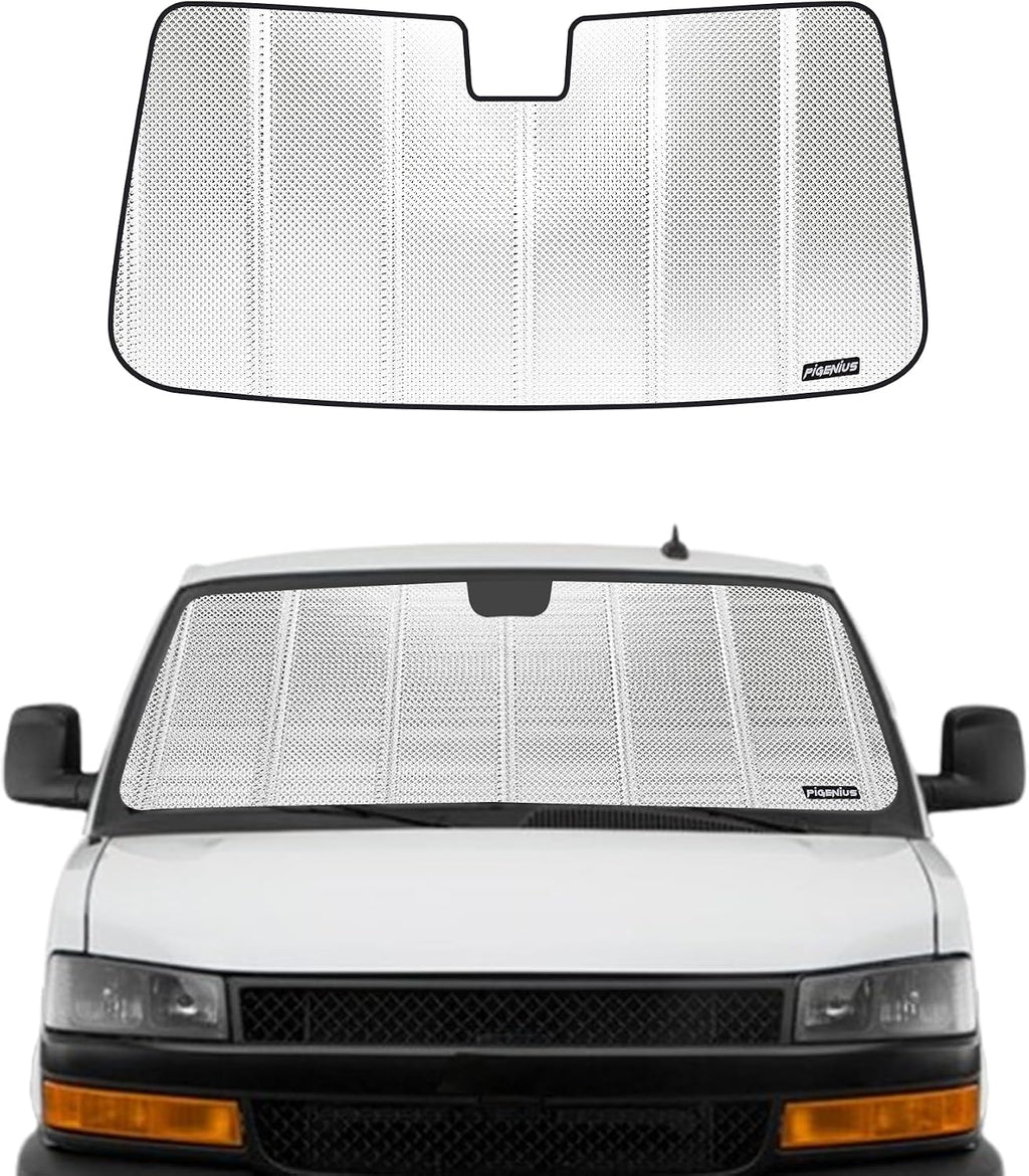 Pigenius Windshield Sun Shade for Chevrolet Express/GMC Savana. Reflective Aluminum Film Front Window Sunshade - BLAZBLOCK