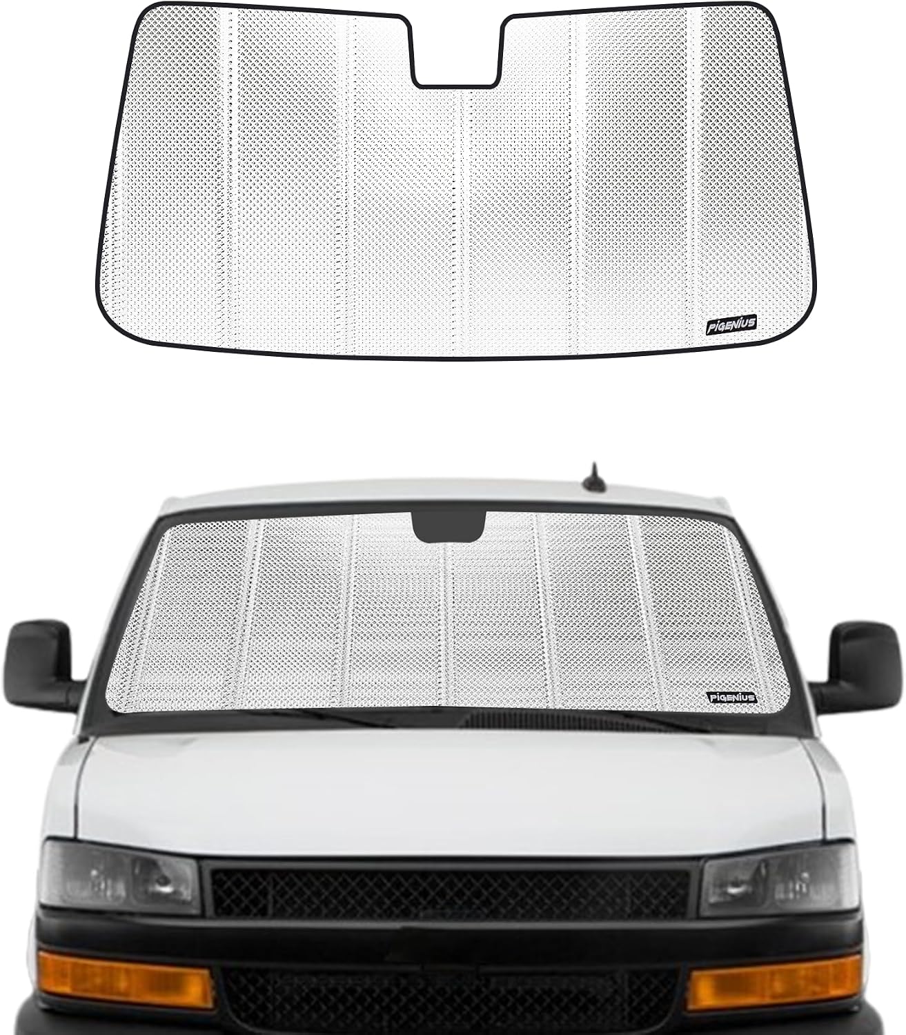 Pigenius Windshield Sun Shade for Chevrolet Express/GMC Savana. Reflective Aluminum Film Front Window Sunshade - BLAZBLOCK