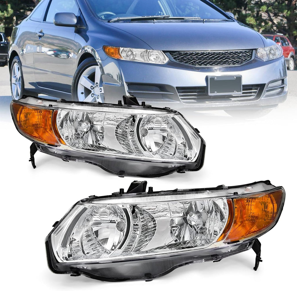 AS Headlight Assembly For 2006 2007 2008 2009 2010 2011 Honda Civic 2-Door Headlight With Amber Reflector Headlamp Replacement And Good Sealing With Chrome Housing